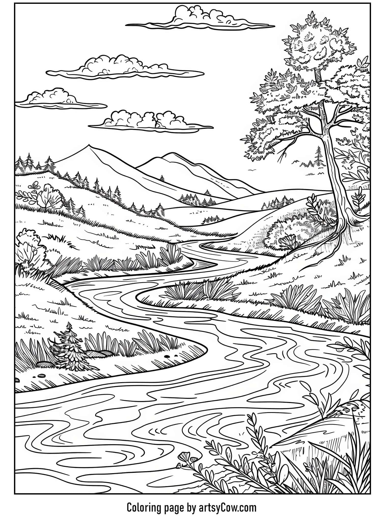 a detailed and serene riverbank landscape with flowing river
